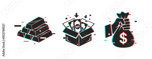 Glitch art: gold bars, dollar box, money bag icons representing wealth and finance