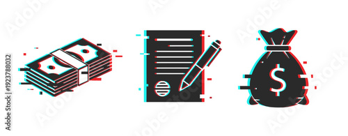 Abstract concept of financial transactions with money, contract, and dollar bag icons