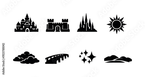 Fantasy golden city. Filled icon set of Fantasy golden city: shining palace, city walls,