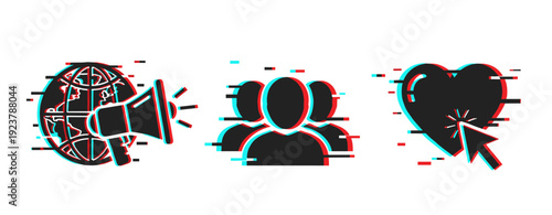Glitch effect icons of megaphone, people, and heart with cursor on white background