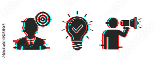 Glitch art concept icons: target, lightbulb, megaphone silhouettes