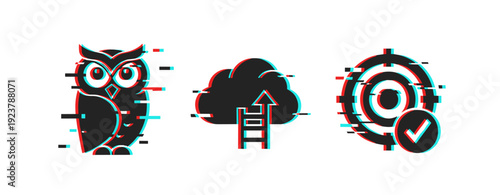 Glitch art: owl, cloud ladder, and target with checkmark icons