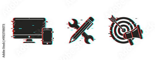 Digital tools icons: computer, phone, tools, target with glitch effect