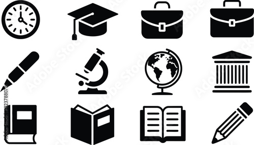 Black and white education icons set including clock graduation cap briefcases pencil microscope globe and books