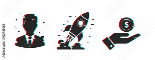 Glitch art icons: businessman, rocket launch, and hand with coin illustrations