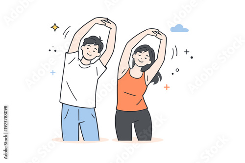 People stretching arms overhead together. Two or more people stretch side by side, arms raised, sharing a quiet moment of collective release. The scene conveys