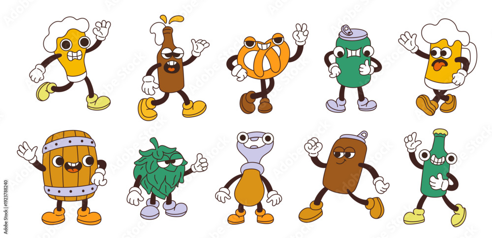 Obraz premium Groovy beer mascots. Cartoon characters, oktoberfest, patrick day elements, alcoholic drink elements, mug with legs and hands, bottle emotions, barrel with cold beverages, garish vector set