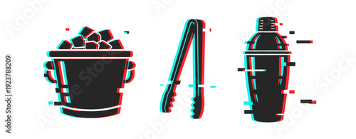Colorful glitch icons: ice bucket, tongs, and cocktail shaker