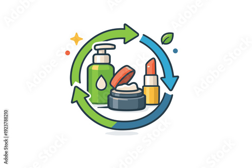 Sustainable beauty packaging depicted as a compact badge with cosmetics and circular arrows, representing recycling, refill systems and