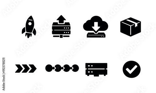 Deployment icons. Filled icon set of Deployment icons: deployment rocket, server upload,