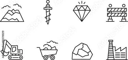 Collection of thin line icons representing mining industry and related concepts on a white background