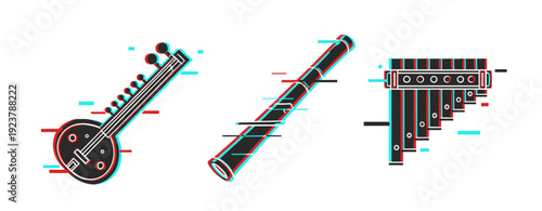 Geometric illustrations of sitar, flute, and pan flute in modern design