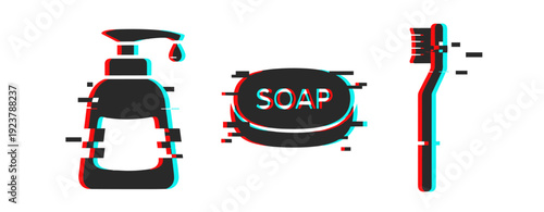 Glitch art of soap dispenser, soap bar, and toothbrush