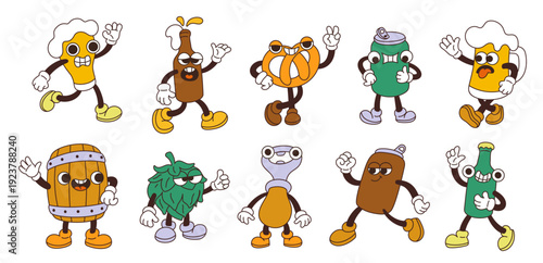 Groovy beer mascots. Cartoon characters, oktoberfest, patrick day elements, alcoholic drink elements, mug with legs and hands, bottle emotions, barrel with cold beverages, garish vector set