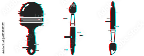 Glitch art of paintbrush, maraca, knife with 3d effect on white background