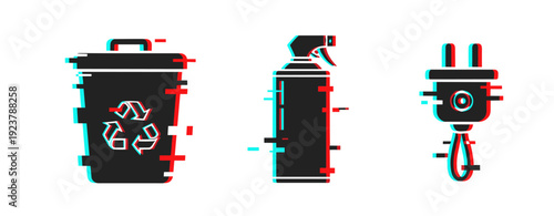 Glitch effect icons: recycling bin, fire extinguisher, electrical plug