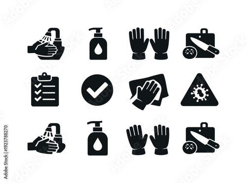 Food handling hygiene. Filled icon set of Food handling hygiene: hand washing sink, soap