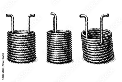 Brewing process diagram wort chiller coil shown as a single object from three different angles: front view, side view, and three-quarter view. Black and white