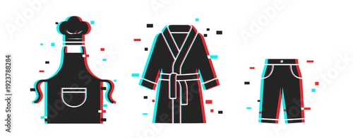 Digital glitch style icons of apron, bathrobe, and pants in 3d effect
