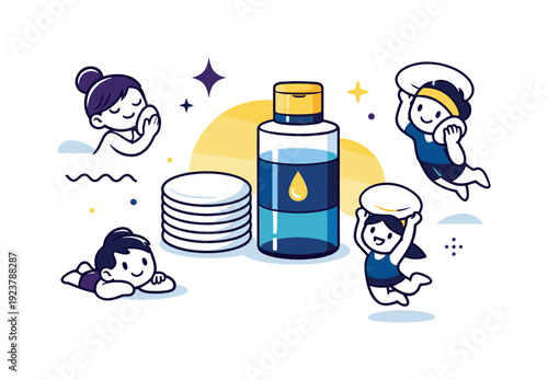 Minimal beauty routine. Simple composition of cotton pads and remover bottle centered, lots