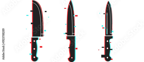 Glitch art of kitchen knives set with colored digital distortion