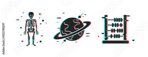 Surreal illustration: human skeleton, saturn planet, and abacus with glitch effect