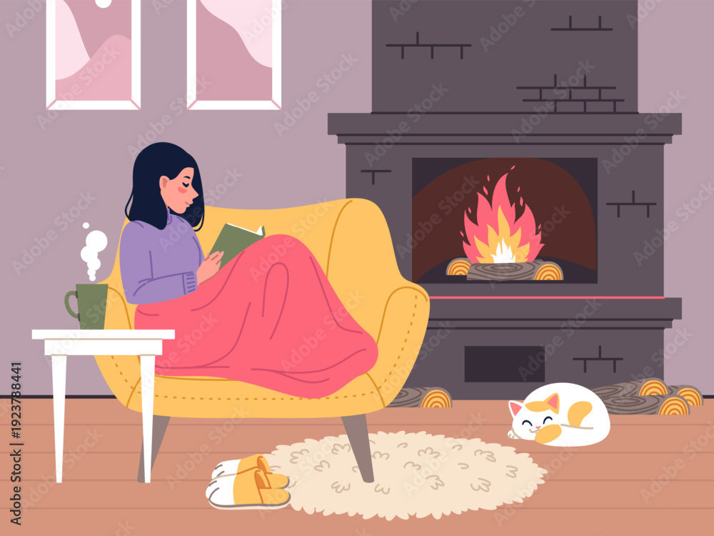 Fototapeta premium Girl reading book by fireplace. Cozy warm home interior, cute female character wrapped in blanket sitting on couch, relaxation comfort, winter hygge atmosphere classy vector cartoon concept