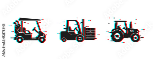 Glitch art: golf cart, forklift, and tractor silhouettes with 3d effect