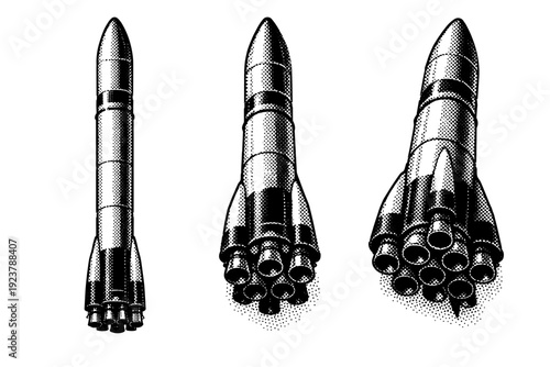 Halftone Rocket Views. Space rocket orbital launch vehicle. A tall orbital launch rocket with cylindrical body, pointed nose cone, visible stage separation