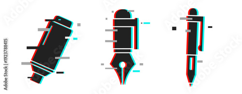 Glitch art of pen, marker, and fountain pen in 3d anaglyph effect