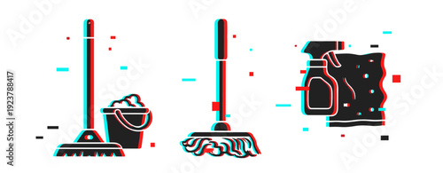 Glitch art of broom, mop, and cleaning supplies in abstract design