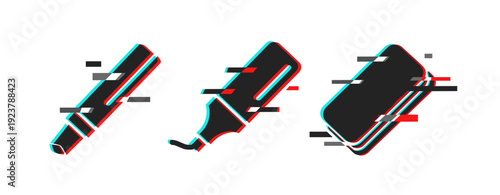 Glitch effect on vape, marker, and smartphone objects