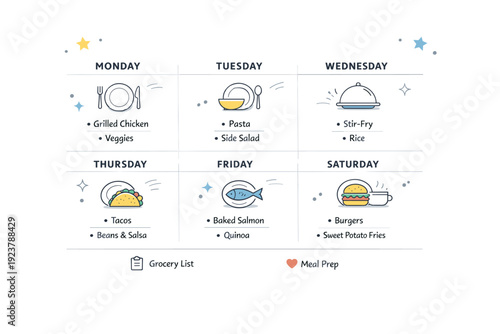 Minimal meal planning layout. A grid of days with small plate icons and notes, clean overview of meals for the week. The composition feels
