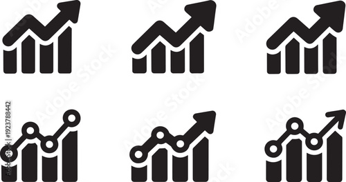 Collection of three different graphic representations of upward trending bar charts with arrows and line graphs isolated on transparent background