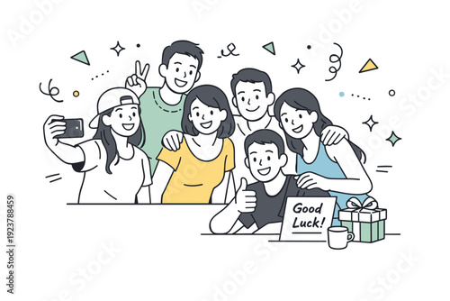 Throwing a farewell party for a friend moving away. A relaxed moment of friends taking a group photo, with simple confetti shapes floating