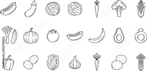Outline Vegetable and Fruit Icons Set – Minimal Line Art Food Vector Collection