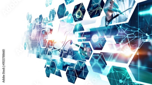 Futuristic Digital Technology Science Concept with Hexagonal Elements and Data Visualizations