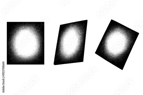 Halftone fade vignette background. A single fade vignette background panel shown in three views: flat front view, angled perspective view, and rotated view,