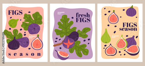 Figs banners. Decorative fruits cards with purple figs silhouettes, branches with leaves, whole and sliced fruits, promotion summer festival, notebook cover, garish vector isolated set