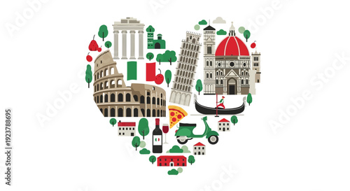 A vibrant heart-shaped artistic collage showcasing iconic Italian landmarks and cultural symbols, perfect for celebrating travel, heritage, and the spirit of Italy