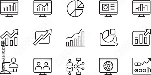 Collection of various line icon illustrations representing business growth charts and data analysis on transparent background