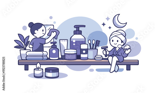 Personal care at home. Bathroom shelf with hygiene products neatly arranged, soft light and