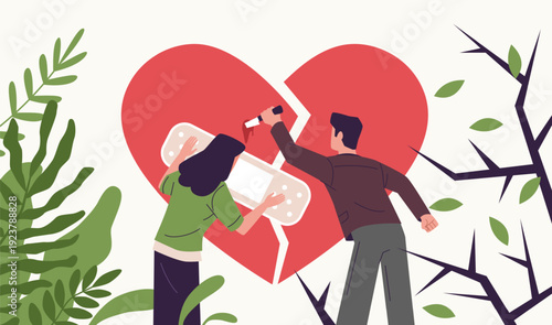 Fake friendship. Attempt to rekindle love and betrayal of friend, gluing heart with adhesive tape, stuck knife, relationship conflict emotional pain, nowaday vector cartoon isolated concept