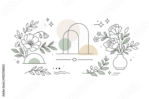 Botanical wedding editorial background. A refined abstract composition combining floral motifs, greenery, and soft geometry into a cohesive