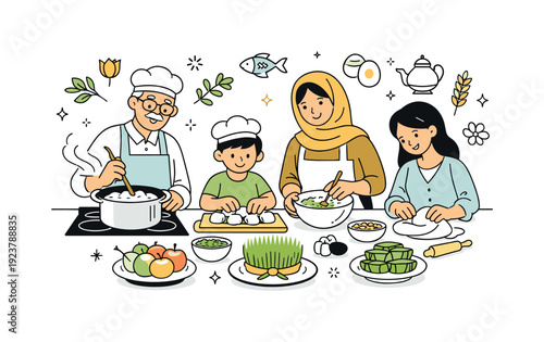 Nowruz celebration food prep overview. Clean editorial scene showing a family preparing traditional Nowruz dishes together in a bright