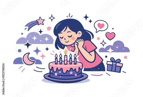 Magical Birthday Wishes. Making a wish ready. Final candle added to the cake, glow icons and gentle sparkles