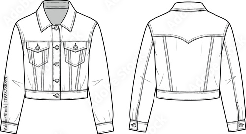 Vector technical fashion flat sketch of female cropped denim trucker jacket front and back view template for apparel design presentation