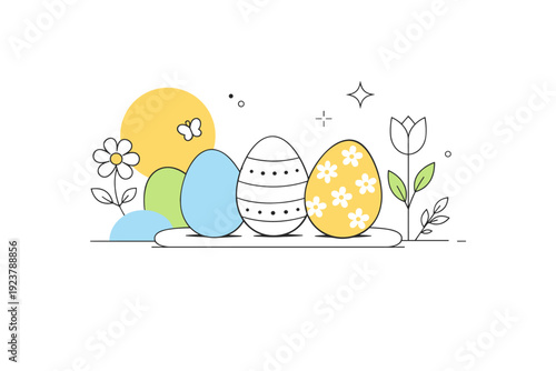 Abstract Easter background. Soft geometric shapes combined with Easter eggs and floral elements, arranged in a balanced editorial composition. The illustration