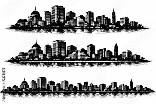 City skyline silhouette coastal city. A coastal city skyline with mixed-height buildings, hotel towers, residential blocks, and distinctive