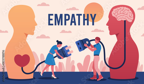 Empathetic people. Feeling manifestation, emotional intelligence, positive response communication, sympathy, compassion, heart and brain with cables tidy vector cartoon isolated concept